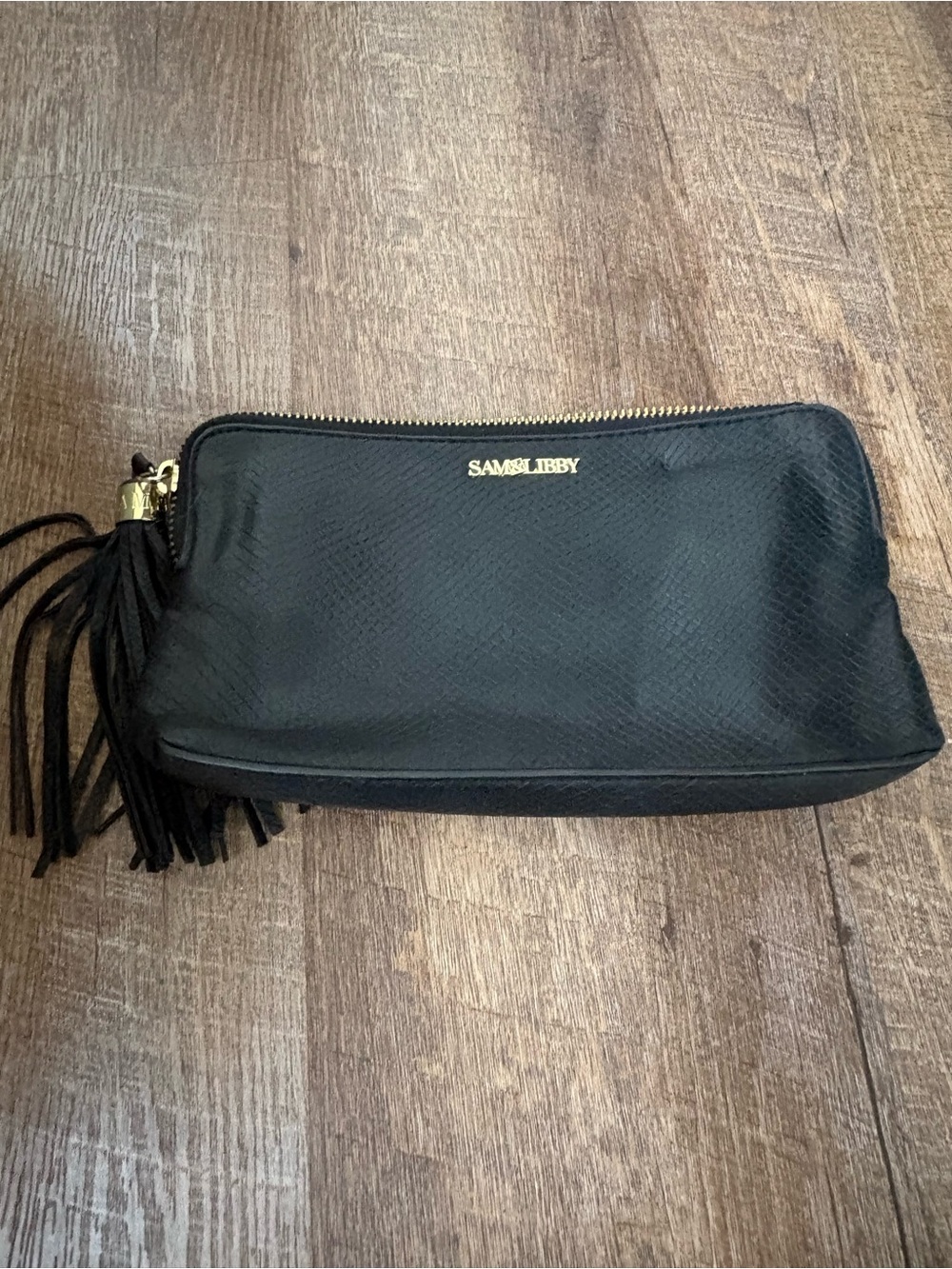 Sam & Libby Black Textured Zip Pouch with Gold Accent